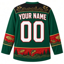 Load image into Gallery viewer, Malawi Original Hockey Jersey in Mulanje Green, back view with your name and number – ornate basket-weave and tea-terrace yoke and matching detailed sleeve and hem bands