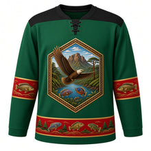 Load image into Gallery viewer, Malawi Original Hockey Jersey in Mulanje Green, front view – ornate basket-weave and tea-terrace yoke and fish-eagle-and-lake crest, detailed illustrated artwork, custom name and number