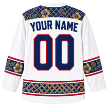 Load image into Gallery viewer, Malaysia Original Hockey Jersey in Batik White, back view with your name and number – ornate songket yoke and matching detailed sleeve and hem bands