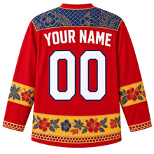 Load image into Gallery viewer, Malaysia Original Hockey Jersey in Hibiscus Red, back view with your name and number – ornate songket yoke and matching detailed sleeve and hem bands