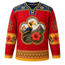 Load image into Gallery viewer, Malaysia Original Hockey Jersey in Hibiscus Red, front view – ornate songket yoke and hornbill-and-hibiscus crest, detailed illustrated artwork, custom name and number