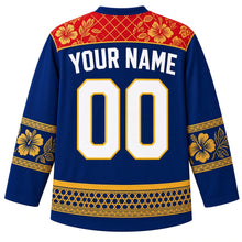 Load image into Gallery viewer, Malaysia Original Hockey Jersey in Songket Royal Blue, back view with your name and number – ornate songket yoke and matching detailed sleeve and hem bands