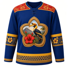 Load image into Gallery viewer, Malaysia Original Hockey Jersey in Songket Royal Blue, front view – ornate songket yoke and hornbill-and-hibiscus crest, detailed illustrated artwork, custom name and number