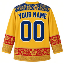 Load image into Gallery viewer, Malaysia Original Hockey Jersey in Tiger Gold, back view with your name and number – ornate songket yoke and matching detailed sleeve and hem bands
