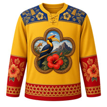 Load image into Gallery viewer, Malaysia Original Hockey Jersey in Tiger Gold, front view – ornate songket yoke and hornbill-and-hibiscus crest, detailed illustrated artwork, custom name and number