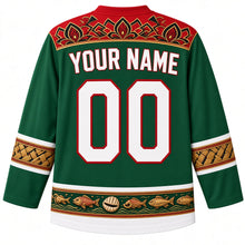 Load image into Gallery viewer, Maldives Original Hockey Jersey in Palm Green, back view with your name and number – liyelaa lacquerwork yoke and reed-weave sleeve bands