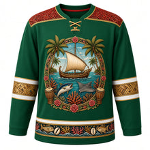 Load image into Gallery viewer, Maldives Original Hockey Jersey in Palm Green, front view – liyelaa lacquerwork yoke and dhoni-boat coral-reef crest with ornate detailed artwork, custom name and number
