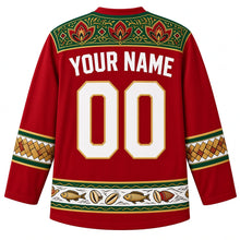 Load image into Gallery viewer, Maldives Original Hockey Jersey in Atoll Red, back view with your name and number – liyelaa lacquerwork yoke and reed-weave sleeve bands