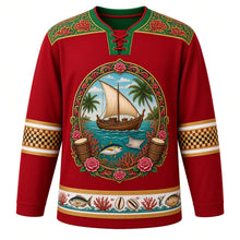 Load image into Gallery viewer, Maldives Original Hockey Jersey in Atoll Red, front view – liyelaa lacquerwork yoke and dhoni-boat coral-reef crest with ornate detailed artwork, custom name and number