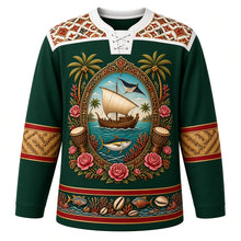Load image into Gallery viewer, Maldives Original Hockey Jersey in Deep Reef Green, front view – liyelaa lacquerwork yoke and dhoni-boat coral-reef crest with ornate detailed artwork, custom name and number