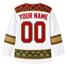 Load image into Gallery viewer, Maldives Original Hockey Jersey in Coral Sand White, back view with your name and number – liyelaa lacquerwork yoke and reed-weave sleeve bands