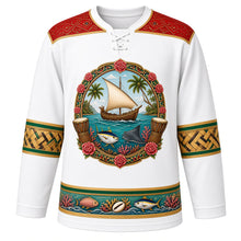 Load image into Gallery viewer, Maldives Original Hockey Jersey in Coral Sand White, front view – liyelaa lacquerwork yoke and dhoni-boat coral-reef crest with ornate detailed artwork, custom name and number