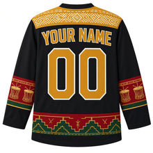 Load image into Gallery viewer, Mali Original Hockey Jersey in Bogolan Night, back view with your name and number – bogolan mud-cloth yoke and djembe sleeve bands