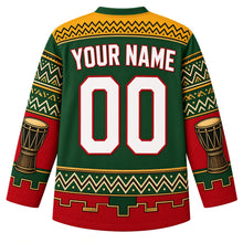 Load image into Gallery viewer, Mali Original Hockey Jersey in Savanna Green, back view with your name and number – bogolan mud-cloth yoke and djembe sleeve bands
