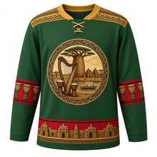 Load image into Gallery viewer, Mali Original Hockey Jersey in Savanna Green, front view – bogolan mud-cloth yoke and kora-and-baobab crest with ornate detailed artwork, custom name and number