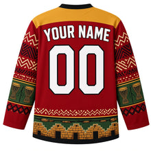 Load image into Gallery viewer, Mali Original Hockey Jersey in Baobab Red, back view with your name and number – bogolan mud-cloth yoke and djembe sleeve bands