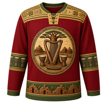 Load image into Gallery viewer, Mali Original Hockey Jersey in Baobab Red, front view – bogolan mud-cloth yoke and kora-and-baobab crest with ornate detailed artwork, custom name and number