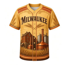 Load image into Gallery viewer, Malt House Heritage Milwaukee Baseball Jersey in Golden Barley, front view – brick malt house, grain silos and copper kettle art, custom name and number