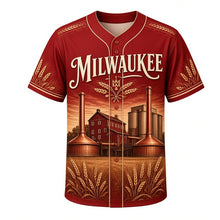 Load image into Gallery viewer, Malt House Heritage Milwaukee Baseball Jersey in Malt House Brick, front view – brick malt house, grain silos and copper kettle art, custom name and number