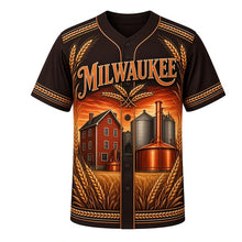 Load image into Gallery viewer, Malt House Heritage Milwaukee Baseball Jersey in Roasted Malt Black, front view – brick malt house, grain silos and copper kettle art, custom name and number