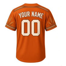 Load image into Gallery viewer, Malt House Heritage Milwaukee Baseball Jersey in Copper Kettle, back view with your name and number – barley-patterned sleeves and yoke