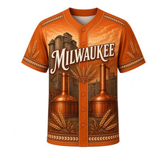 Load image into Gallery viewer, Malt House Heritage Milwaukee Baseball Jersey in Copper Kettle, front view – brick malt house, grain silos and copper kettle art, custom name and number