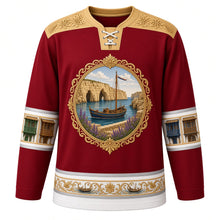 Load image into Gallery viewer, Malta Original Hockey Jersey in Harbour Crimson, front view – bizzilla lace yoke and luzzu-boat filigree crest with ornate detailed artwork, custom name and number