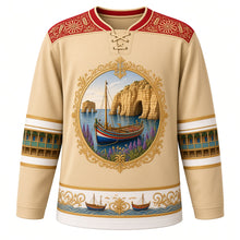 Load image into Gallery viewer, Malta Original Hockey Jersey in Honey Limestone, front view – bizzilla lace yoke and luzzu-boat filigree crest with ornate detailed artwork, custom name and number