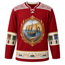 Load image into Gallery viewer, Malta Original Hockey Jersey in Valletta Red, front view – bizzilla lace yoke and luzzu-boat filigree crest with ornate detailed artwork, custom name and number