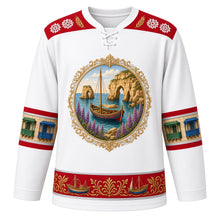 Load image into Gallery viewer, Malta Original Hockey Jersey in Lace White, front view – bizzilla lace yoke and luzzu-boat filigree crest with ornate detailed artwork, custom name and number