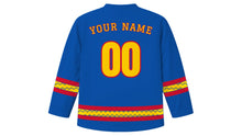 Load image into Gallery viewer, Mama Negra Festival Original Hockey Jersey in Andean Blue, back view with your name and number