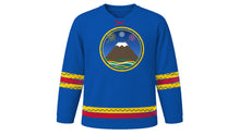 Load image into Gallery viewer, Mama Negra Festival Original Hockey Jersey in Andean Blue, front view – custom name and number