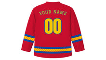 Load image into Gallery viewer, Mama Negra Festival Original Hockey Jersey in Fiesta Red, back view with your name and number