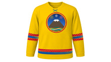 Load image into Gallery viewer, Mama Negra Festival Original Hockey Jersey in Marigold Yellow, front view – custom name and number