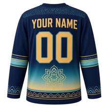 Load image into Gallery viewer, Mandala Bloom Original Hockey Jersey in Indigo Night, back view with your name and number – petal-pattern yoke and dotted petal sleeve stripes