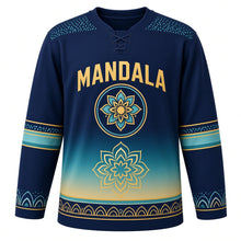 Load image into Gallery viewer, Mandala Bloom Original Hockey Jersey in Indigo Night, front view – large mandala flower and lotus-mandala crest, custom name and number