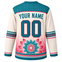 Load image into Gallery viewer, Mandala Bloom Original Hockey Jersey in Ivory Lotus, back view with your name and number – petal-pattern yoke and dotted petal sleeve stripes