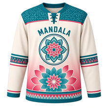 Load image into Gallery viewer, Mandala Bloom Original Hockey Jersey in Ivory Lotus, front view – large mandala flower and lotus-mandala crest, custom name and number