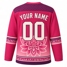 Load image into Gallery viewer, Mandala Bloom Original Hockey Jersey in Rose Quartz, back view with your name and number – petal-pattern yoke and dotted petal sleeve stripes