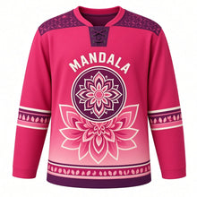 Load image into Gallery viewer, Mandala Bloom Original Hockey Jersey in Rose Quartz, front view – large mandala flower and lotus-mandala crest, custom name and number