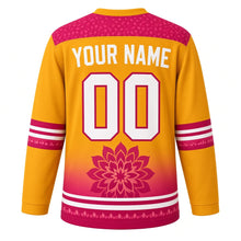 Load image into Gallery viewer, Mandala Bloom Original Hockey Jersey in Saffron Glow, back view with your name and number – petal-pattern yoke and dotted petal sleeve stripes