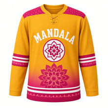 Load image into Gallery viewer, Mandala Bloom Original Hockey Jersey in Saffron Glow, front view – large mandala flower and lotus-mandala crest, custom name and number
