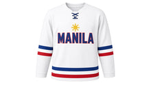 Load image into Gallery viewer, Manila Original Hockey Jersey in White, front view – custom name and number