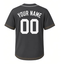 Load image into Gallery viewer, Maple Syrup Tap Milwaukee Baseball Jersey in Sugar Shack Charcoal, back view with your name and number – custom block name and number with tree-bark sleeves