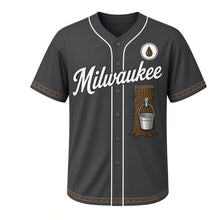 Load image into Gallery viewer, Maple Syrup Tap Milwaukee Baseball Jersey in Sugar Shack Charcoal, front view – tree trunk with spout and sap bucket graphic, custom name and number
