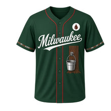 Load image into Gallery viewer, Maple Syrup Tap Milwaukee Baseball Jersey in Sugarbush Pine, front view – tree trunk with spout and sap bucket graphic, custom name and number