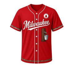 Load image into Gallery viewer, Maple Syrup Tap Milwaukee Baseball Jersey in Sap Bucket Red, front view – tree trunk with spout and sap bucket graphic, custom name and number