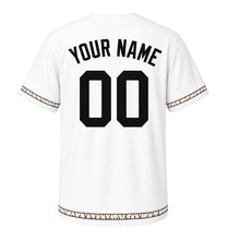 Load image into Gallery viewer, Maple Syrup Tap Milwaukee Baseball Jersey in Snowmelt White, back view with your name and number – custom block name and number with tree-bark sleeves