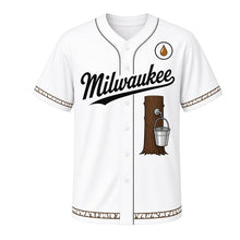 Load image into Gallery viewer, Maple Syrup Tap Milwaukee Baseball Jersey in Snowmelt White, front view – tree trunk with spout and sap bucket graphic, custom name and number
