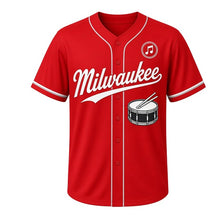 Load image into Gallery viewer, Marching Band Drum Milwaukee Baseball Jersey in Drumline Red, front view – snare drum with crossed drumsticks graphic with music-note crest, custom name and number